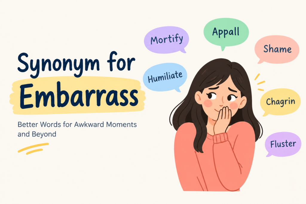 Synonyms for embarrass, including mortify, shame, humiliate, and fluster.